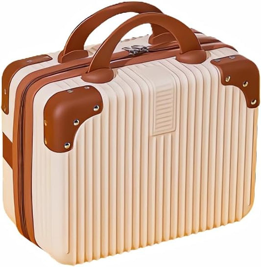 Portable Makeup Travel Briefcase, 12.6 inches, Pressure-resistant ABS, Hard shell cosmetic bag, suitable for travel, camping, women, girls, beige, stripes