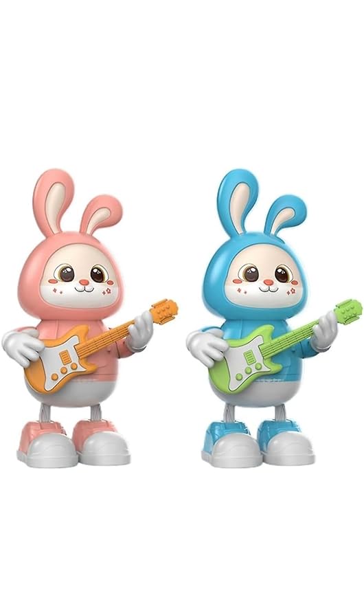 Rabbit Guitarist Toy, Easter Glow Musical Bunny, Electric Rabbit Toys, Sensing Interactive Walking Dancing Toy with Music Sounds & Lights, Easter Gift for Children-Pink||Without Batter
