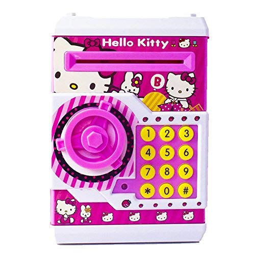 Spot HUNT Battery Operated Mini ATM Safe Kids Piggy Saving ATM Bank with Electronic Lock Coin Bank Cash Deposit ATM Cartoon Hello Kitty for Kids