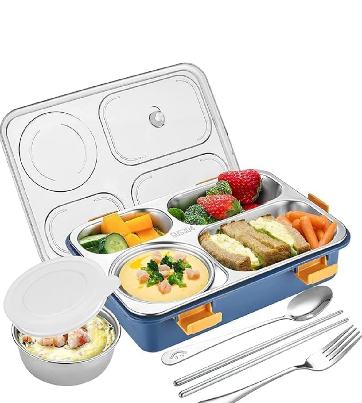 4 compartment stainless steel lunch box with Fork,Chopstick & Spoon Lid Office Food