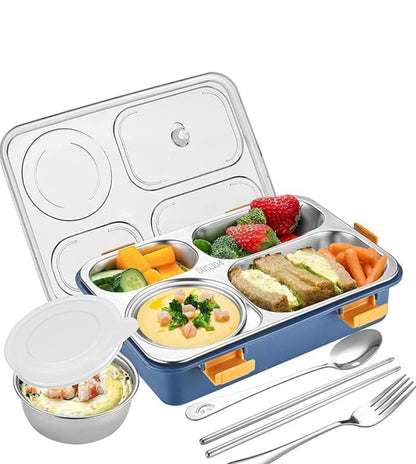 4 compartment stainless steel lunch box with Fork,Chopstick & Spoon Lid Office Food