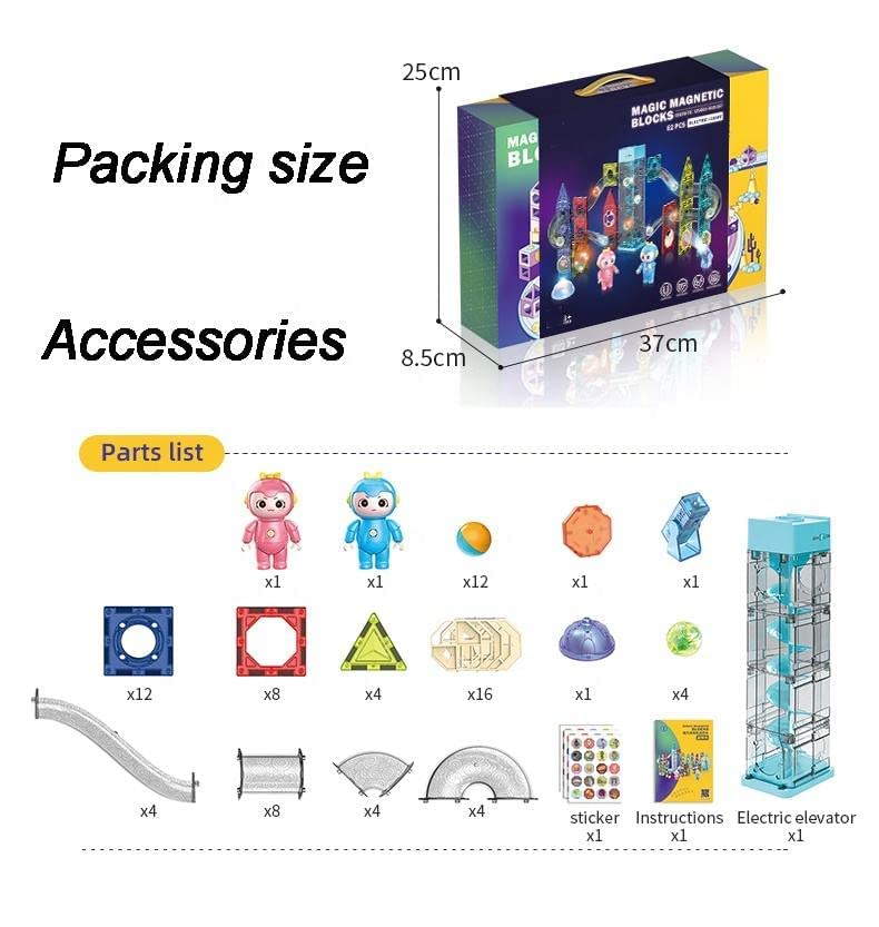 Light-Electric Magnetic Tiles- Building Blocks for Kids (82 Pieces) Elevator Marble Run | 3D STEAM Toys for Kids | Boys Girls
