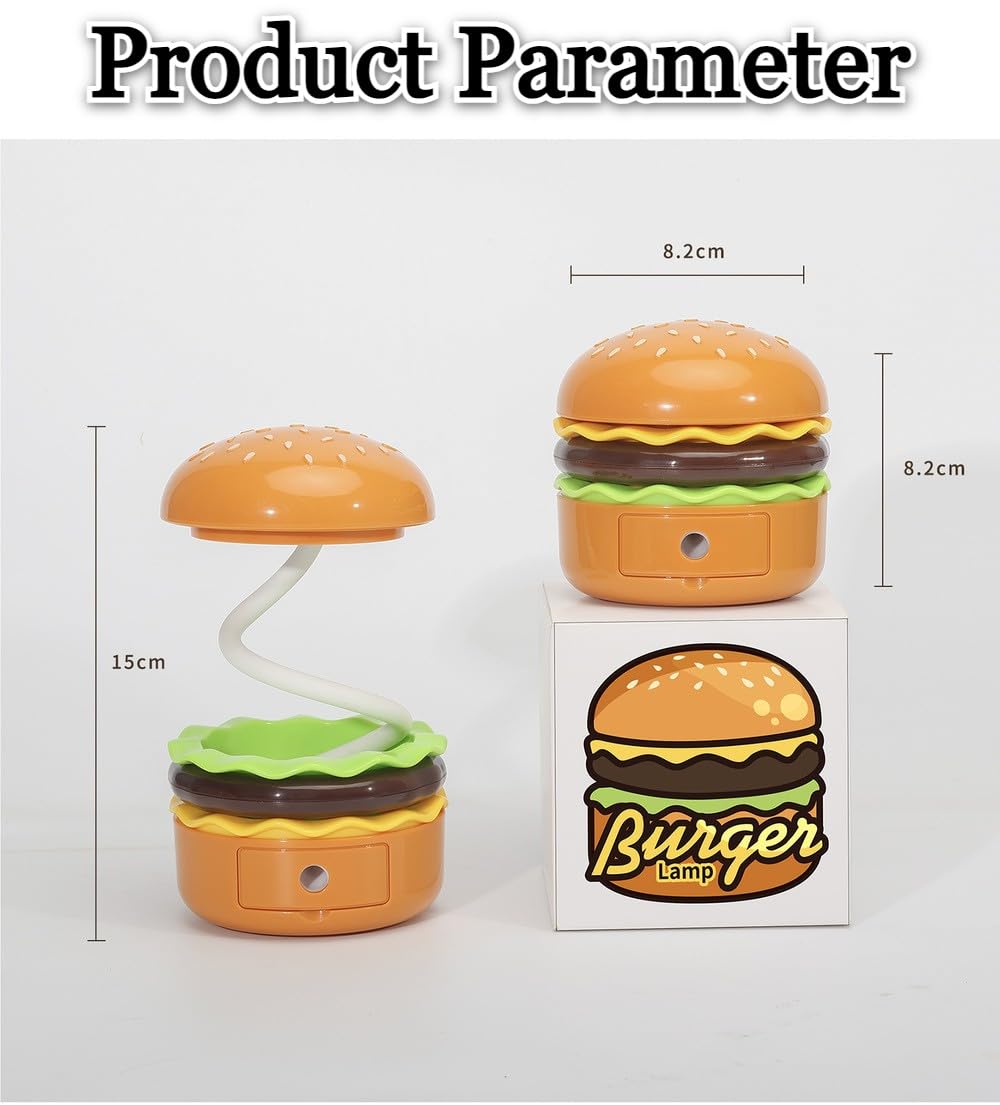Spot Hunt Creative Hamburger Table Lamp with Pencil Sharpener Burger Design 360° Flexible Neck Study Desk Lamp USB Rechargeable Small LED Night Light for Kids & Adults Room, Home, Office Decoration