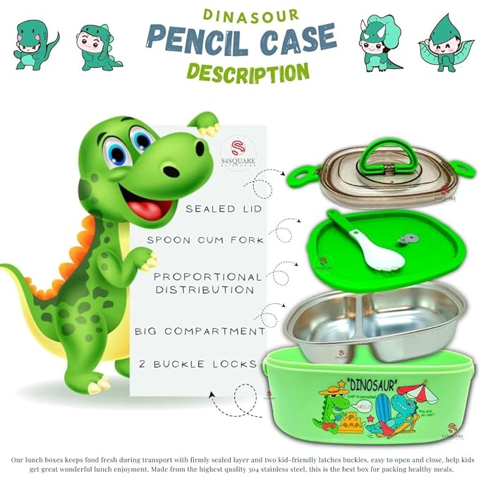 800 mL Stainless Steel Dino Cartoon Bento Lunch Box for School Kids– Premium Portable Tiffin Box for Students with Spoon, Air-Tight Insulated Lunch Box (Green Color)