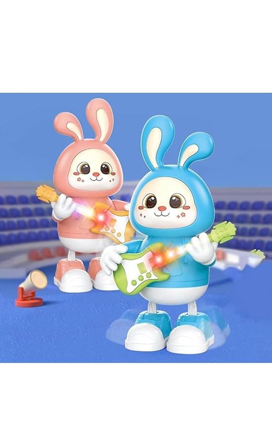 Rabbit Guitarist Toy, Easter Glow Musical Bunny, Electric Rabbit Toys, Sensing Interactive Walking Dancing Toy with Music Sounds & Lights, Easter Gift for Children-Pink||Without Batter