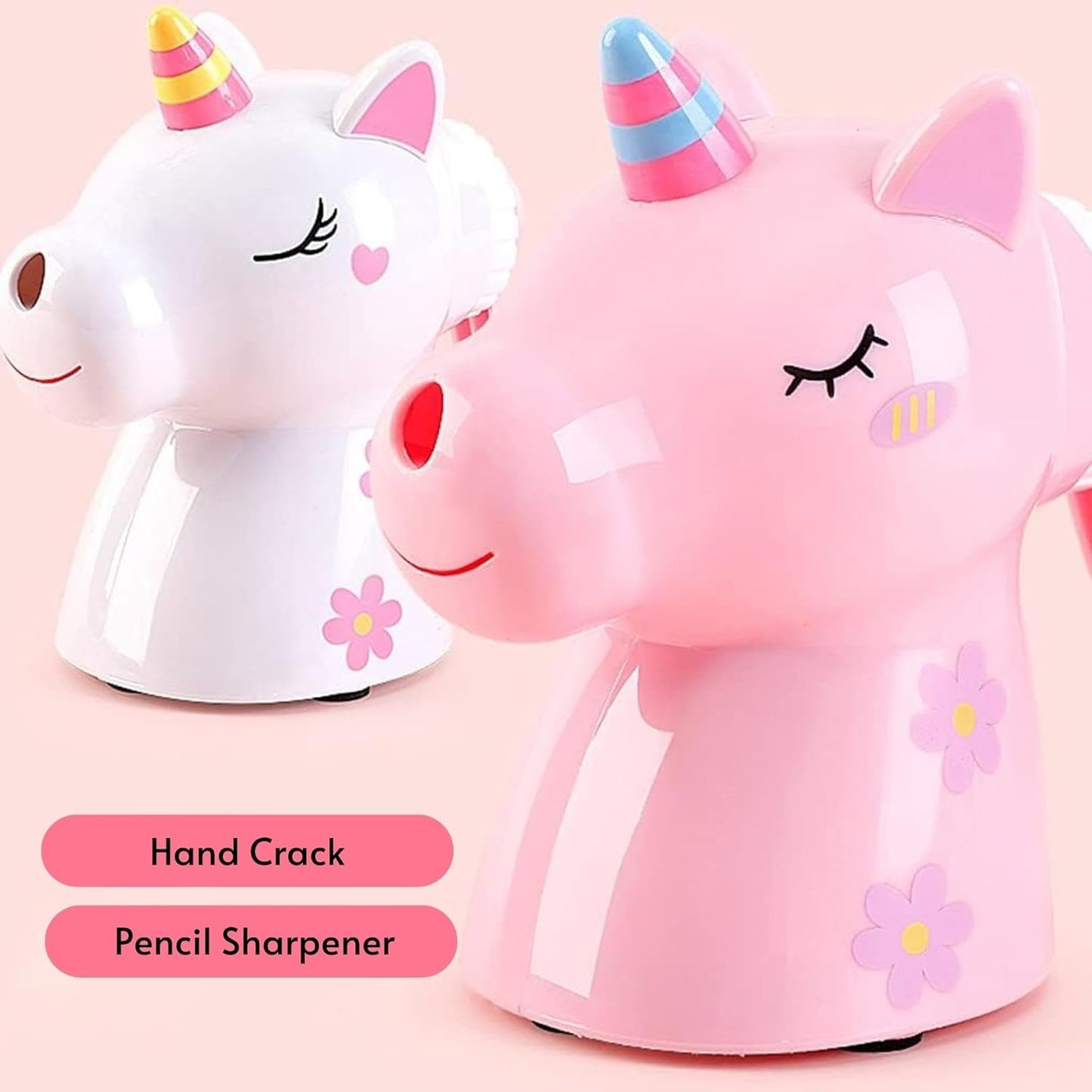 Cute Unicorn Mechanical Hand Crack Sharpener Table Pencil Sharpener Manual with Rotating Knob and Storage for Kids School - Pink