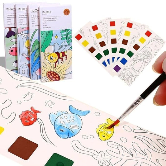 Painting Books for Beginners, Pocket 20 Pages Book with 1 Paint Brush, Painting Fun for Kids, Sheet Cartoon Watercolor Paint Book Gift for Kids - Multicolor