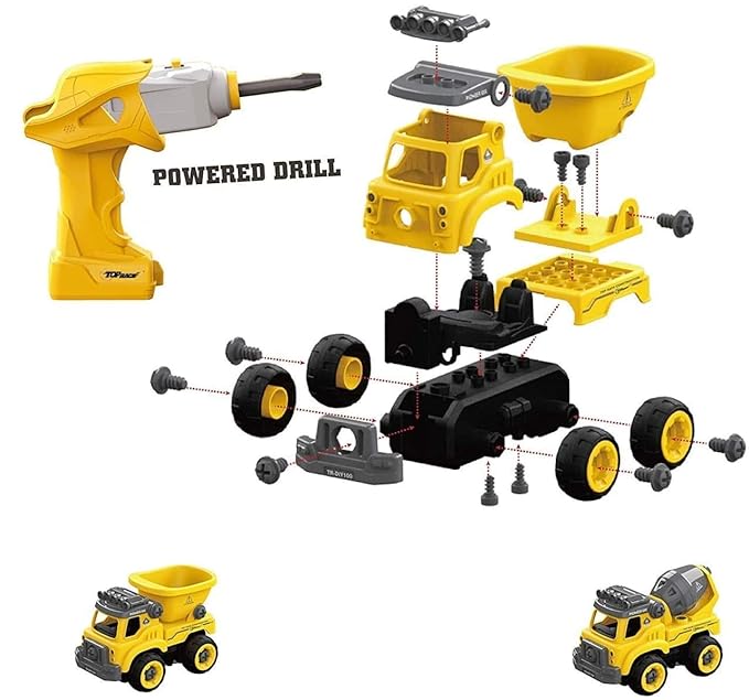 Construction DIY with Working Drill Machine Pretend Play Toy Trucks Play Set Building Vehicles Set for Kids, Boys and Girls -Yellow Color