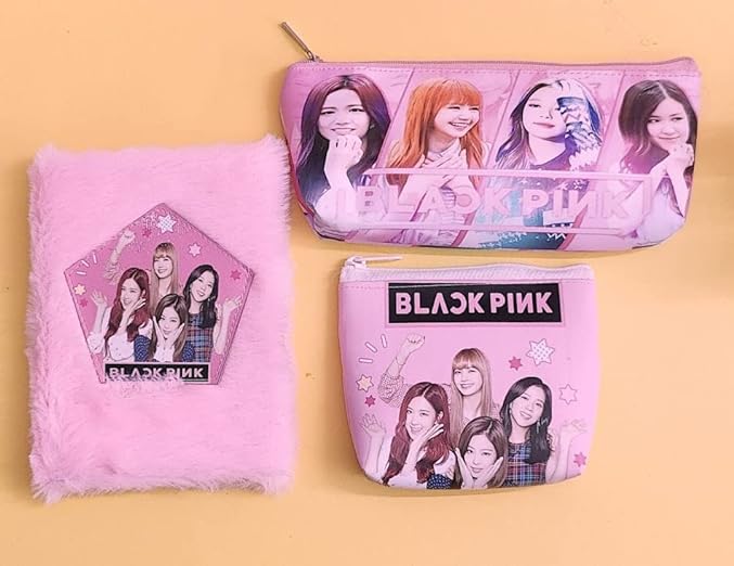 Black Pink Fur Diary Return Gifts For Girls (1 set 3 in 1 items) Black Pink Pencil Pouch For Girls, Small Coin Pouch For Kids School Stationary Items Birthday Return Gifts Diwali Gift Box