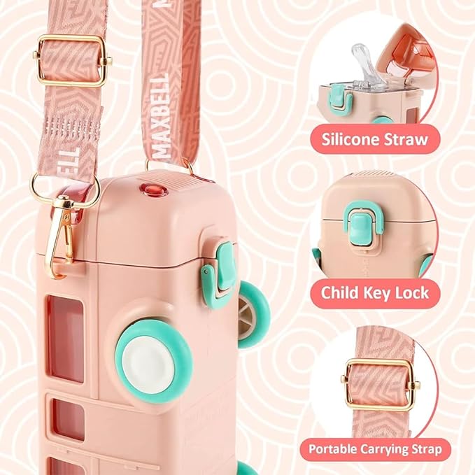 Bus Shaped Water Bottle sippers for School Kids With Strap Sipper and Straw: Leakproof, BPA Free with Lock 4 wheels 500 ml |