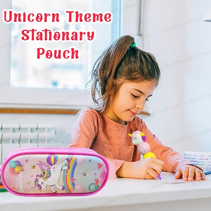 Unicorn Pouches, Unicorn Key Chain, Unicorn Highlighters for Girls – Kawaii Stationary Set for Girls, Aesthetic Stationery Items for School & College Students (Pink)