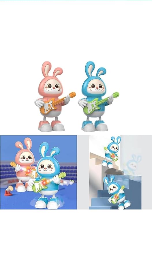 Rabbit Guitarist Toy, Easter Glow Musical Bunny, Electric Rabbit Toys, Sensing Interactive Walking Dancing Toy with Music Sounds & Lights, Easter Gift for Children-Pink||Without Batter