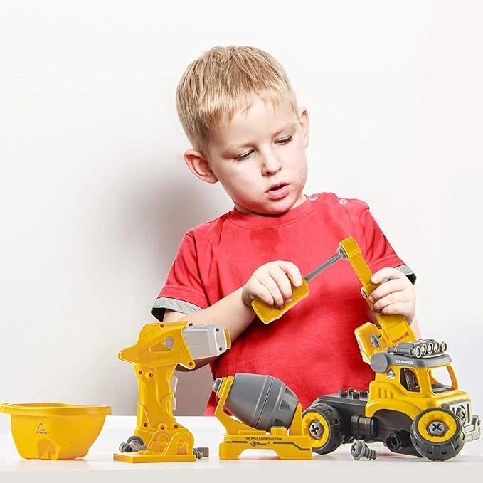 Construction DIY with Working Drill Machine Pretend Play Toy Trucks Play Set Building Vehicles Set for Kids, Boys and Girls -Yellow Color
