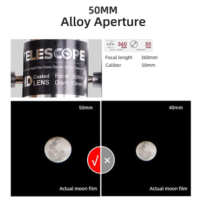 Telescopes for Kids Adults Beginners 50mm Alloy Aperture Astronomical Refractor Telescope 100mm Objective Lens 60x Magnification with Adjustable Tripod Finderscope Compass Birtay Gift for Girl