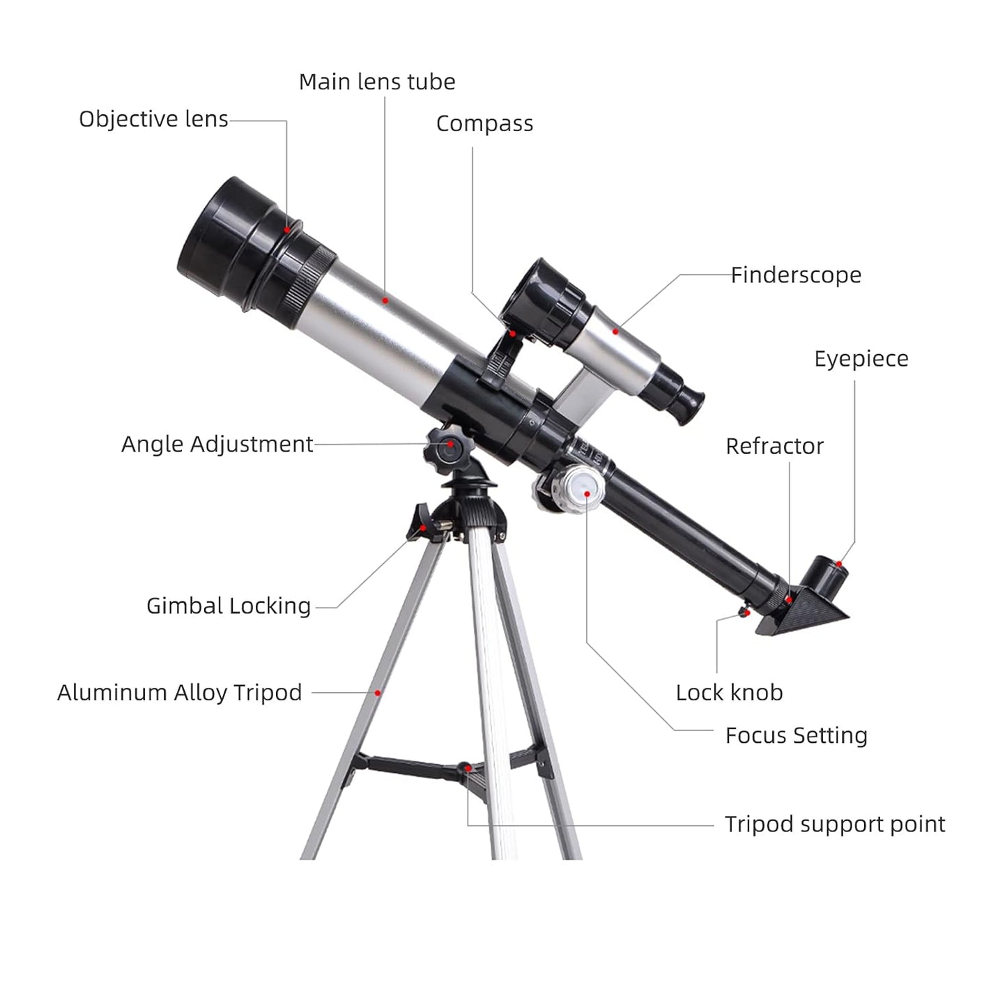 Telescopes for Kids Adults Beginners 50mm Alloy Aperture Astronomical Refractor Telescope 100mm Objective Lens 60x Magnification with Adjustable Tripod Finderscope Compass Birtay Gift for Girl