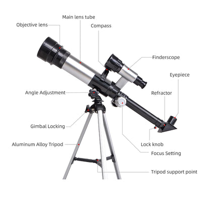 Telescopes for Kids Adults Beginners 50mm Alloy Aperture Astronomical Refractor Telescope 100mm Objective Lens 60x Magnification with Adjustable Tripod Finderscope Compass Birtay Gift for Girl