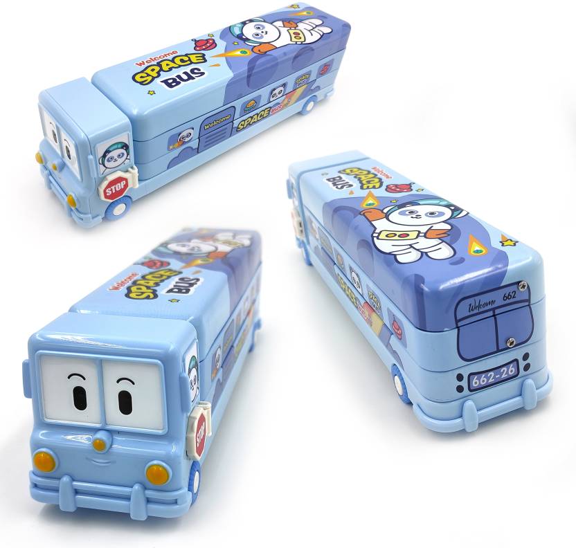 Spot Hunt Bus Pencil Box for Kids, Inbuild Sharpener with Dual Compartment Space Designed Bus, Cute Smile Face Front of The Bus Art Metal Pencil Box  (Set of 1, Blue)