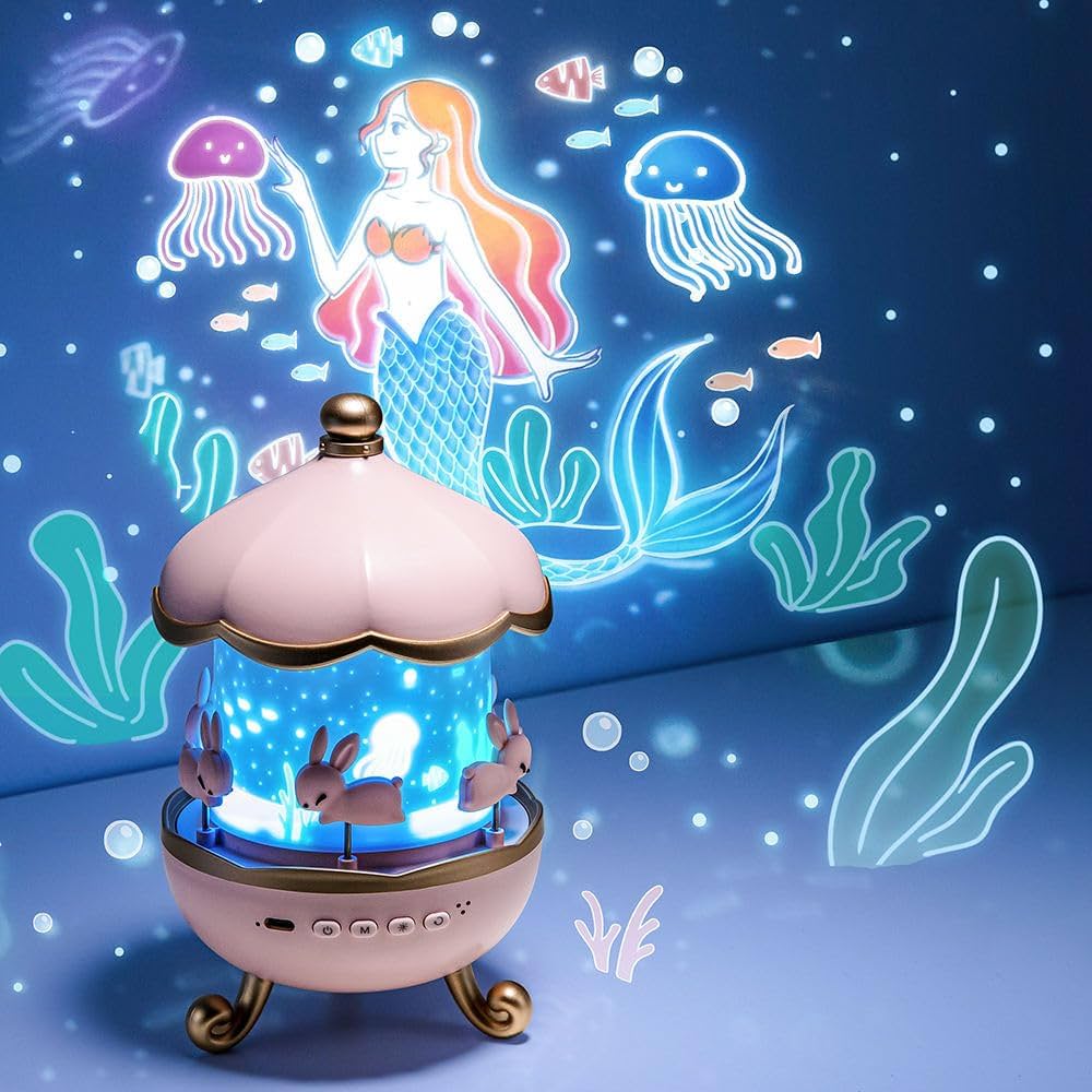Spot Hunt Bunny Carousel Night Light Projector, 6 Set Films Rotatable Rabbit Night Lamp for Kids Room Decor (Bunny Night Light)