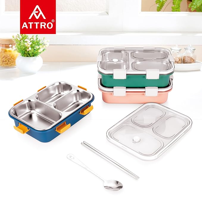 Bento 3 Compartment Stainless Steel Lunch Box with Steel Cutlery Inside, Heating & Water Insulation Design Use for Office, School & Travelling, 750 Ml - Pink