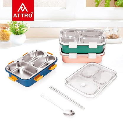 Bento 3 Compartment Stainless Steel Lunch Box with Steel Cutlery Inside, Heating & Water Insulation Design Use for Office, School & Travelling, 750 Ml - Pink