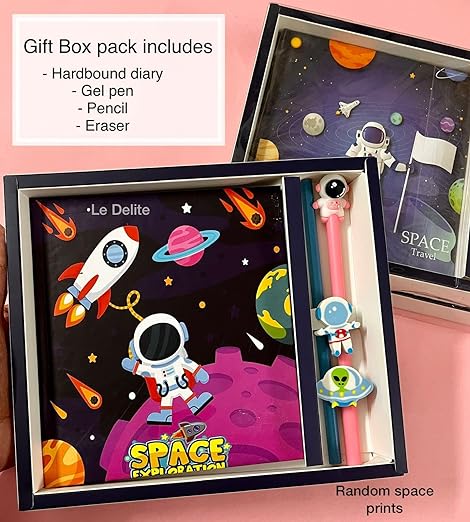space diary/theme astronaut printed diary combo gift set for boys/girls kids/cute stylish school stationary notebook with gel pen,pencil & eraser for party favor return gifts under 300