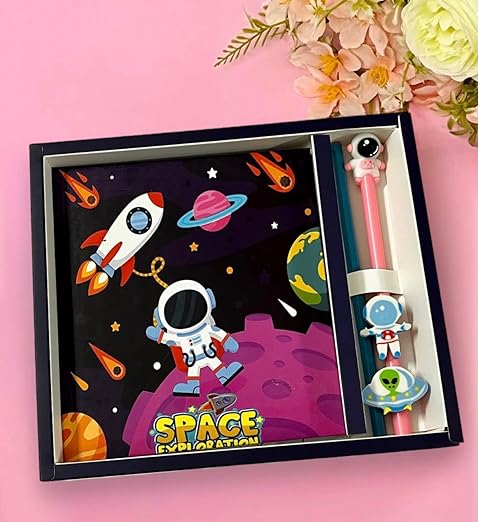 space diary/theme astronaut printed diary combo gift set for boys/girls kids/cute stylish school stationary notebook with gel pen,pencil & eraser for party favor return gifts under 300
