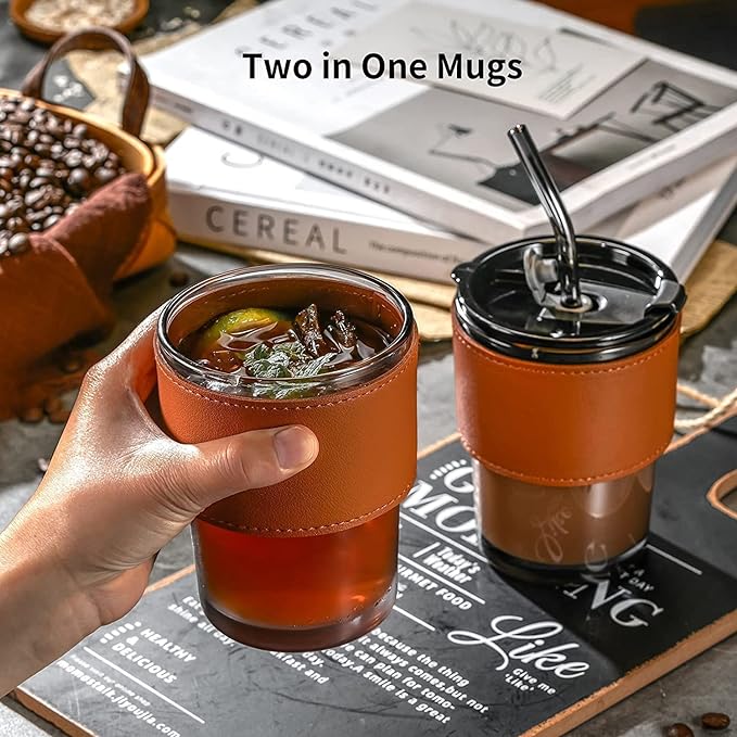 Glass Tumbler with Straw and Lid, Reusable Glass Coffee Tumbler, Beer Glasses, Drinking Glasses, Leather Protective Sleeve Glass Straw