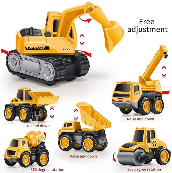 6Pc Construction Vehicles for Kids Pretend Play Toy Trucks Play Set Building Vehicles Set for Kids 3-14 Years. (6 in 1 Construction),Multicolor