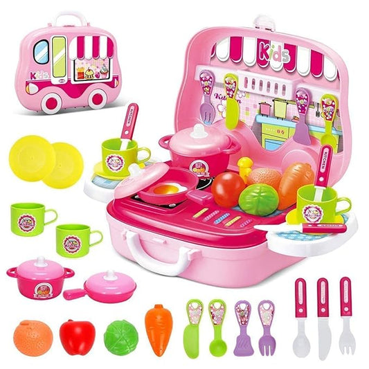 Smart Portable Cooking Kitchen Play Toy Set Pretend Play Food Party Role Toy Ideal for Playing Boys and Girls (29Pcs, Pink)