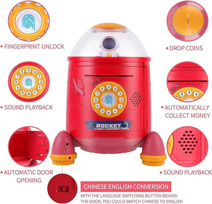 Musical【Large】 Rocket Type Money Safe Kids Piggy Savings Bank with Finger Print Sensor【Red】