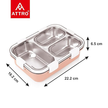 Bento 3 Compartment Stainless Steel Lunch Box with Steel Cutlery Inside, Heating & Water Insulation Design Use for Office, School & Travelling, 750 Ml - Pink