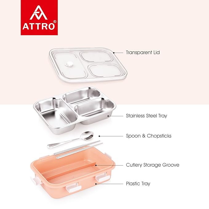 Bento 3 Compartment Stainless Steel Lunch Box with Steel Cutlery Inside, Heating & Water Insulation Design Use for Office, School & Travelling, 750 Ml - Pink