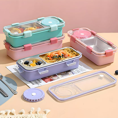 One Compartment Lunch Box 750ml with Spoon and Chopsticks + Bowl, 304 SUS Stainless Steel Bento Box for Office and School (Green)
