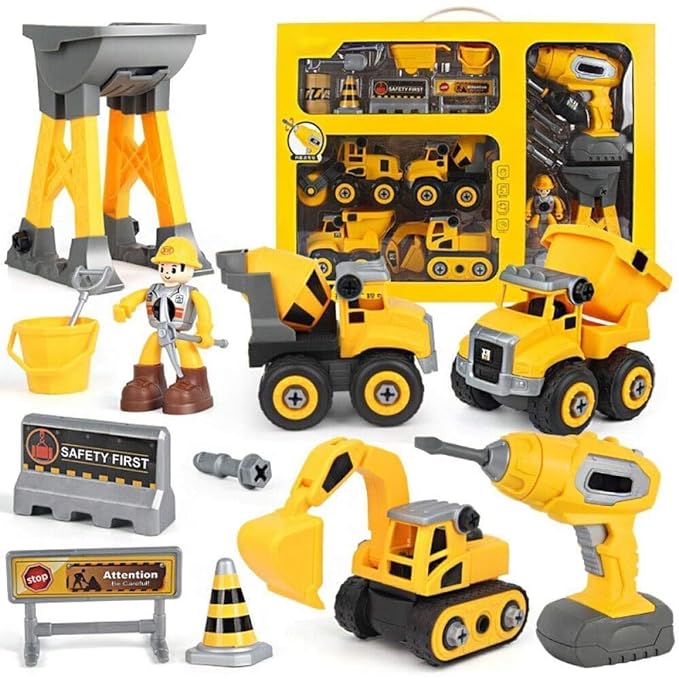 Construction DIY with Working Drill Machine Pretend Play Toy Trucks Play Set Building Vehicles Set for Kids, Boys and Girls -Yellow Color
