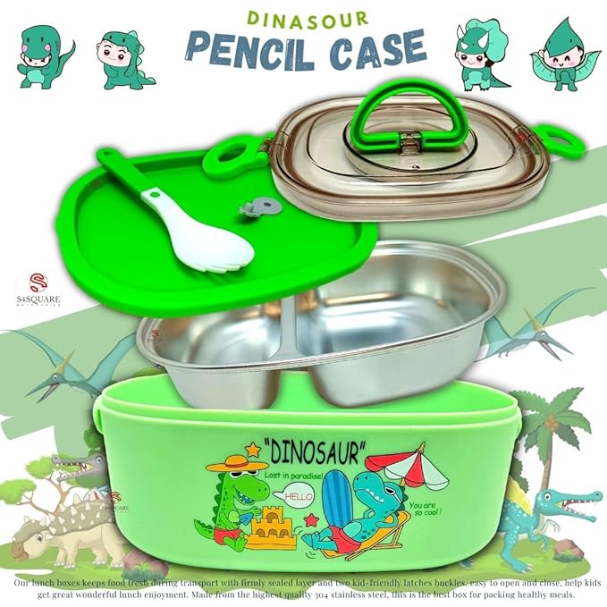 800 mL Stainless Steel Dino Cartoon Bento Lunch Box for School Kids– Premium Portable Tiffin Box for Students with Spoon, Air-Tight Insulated Lunch Box (Green Color)