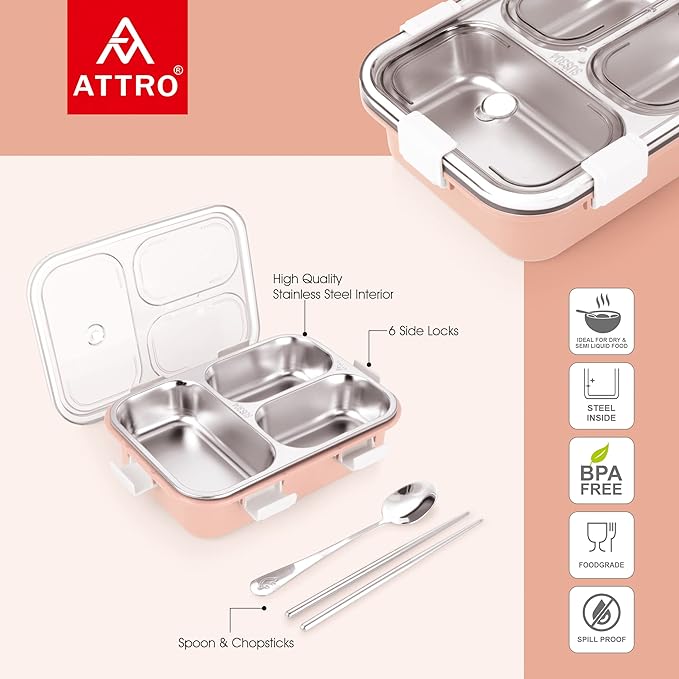 Bento 3 Compartment Stainless Steel Lunch Box with Steel Cutlery Inside, Heating & Water Insulation Design Use for Office, School & Travelling, 750 Ml - Pink
