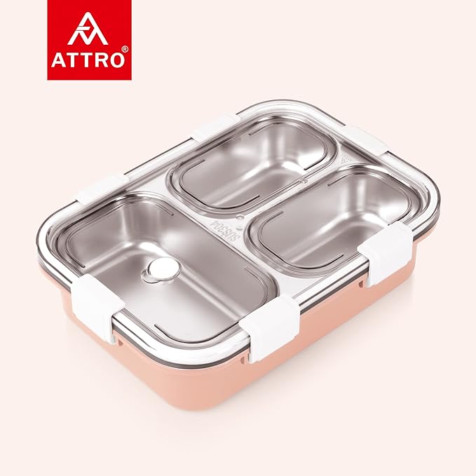 Bento 3 Compartment Stainless Steel Lunch Box with Steel Cutlery Inside, Heating & Water Insulation Design Use for Office, School & Travelling, 750 Ml - Pink