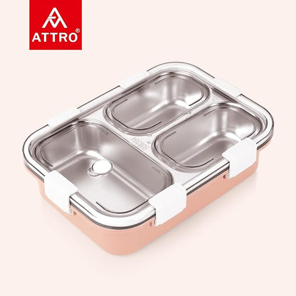 Bento 3 Compartment Stainless Steel Lunch Box with Steel Cutlery Inside, Heating & Water Insulation Design Use for Office, School & Travelling, 750 Ml - Pink