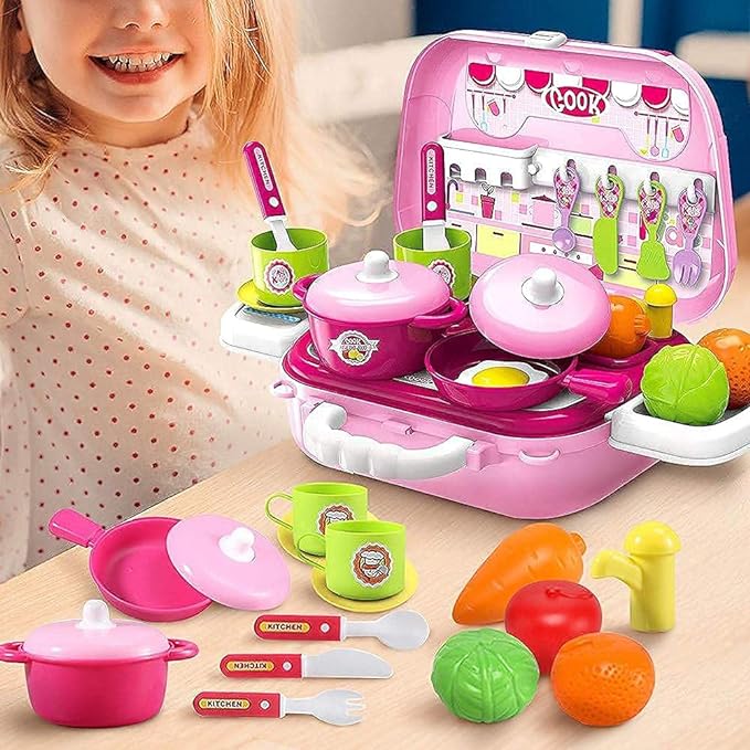 Smart Portable Cooking Kitchen Play Toy Set Pretend Play Food Party Role Toy Ideal for Playing Boys and Girls (29Pcs, Pink)