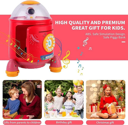 Musical【Large】 Rocket Type Money Safe Kids Piggy Savings Bank with Finger Print Sensor【Red】