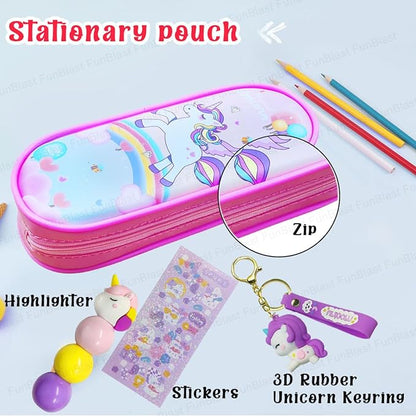Unicorn Pouches, Unicorn Key Chain, Unicorn Highlighters for Girls – Kawaii Stationary Set for Girls, Aesthetic Stationery Items for School & College Students (Pink)