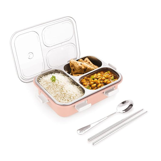 Bento 3 Compartment Stainless Steel Lunch Box with Steel Cutlery Inside, Heating & Water Insulation Design Use for Office, School & Travelling, 750 Ml - Pink