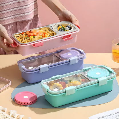 One Compartment Lunch Box 750ml with Spoon and Chopsticks + Bowl, 304 SUS Stainless Steel Bento Box for Office and School (Green)