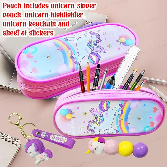 Unicorn Pouches, Unicorn Key Chain, Unicorn Highlighters for Girls – Kawaii Stationary Set for Girls, Aesthetic Stationery Items for School & College Students (Pink)