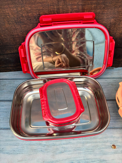 Spot Hunt Jumbo 950 ml Stainless Steel School Tiffin with 180 ml Veg Box | Detachable Clips | Leakproof & Airtight | Durable Stainless Steel Lid