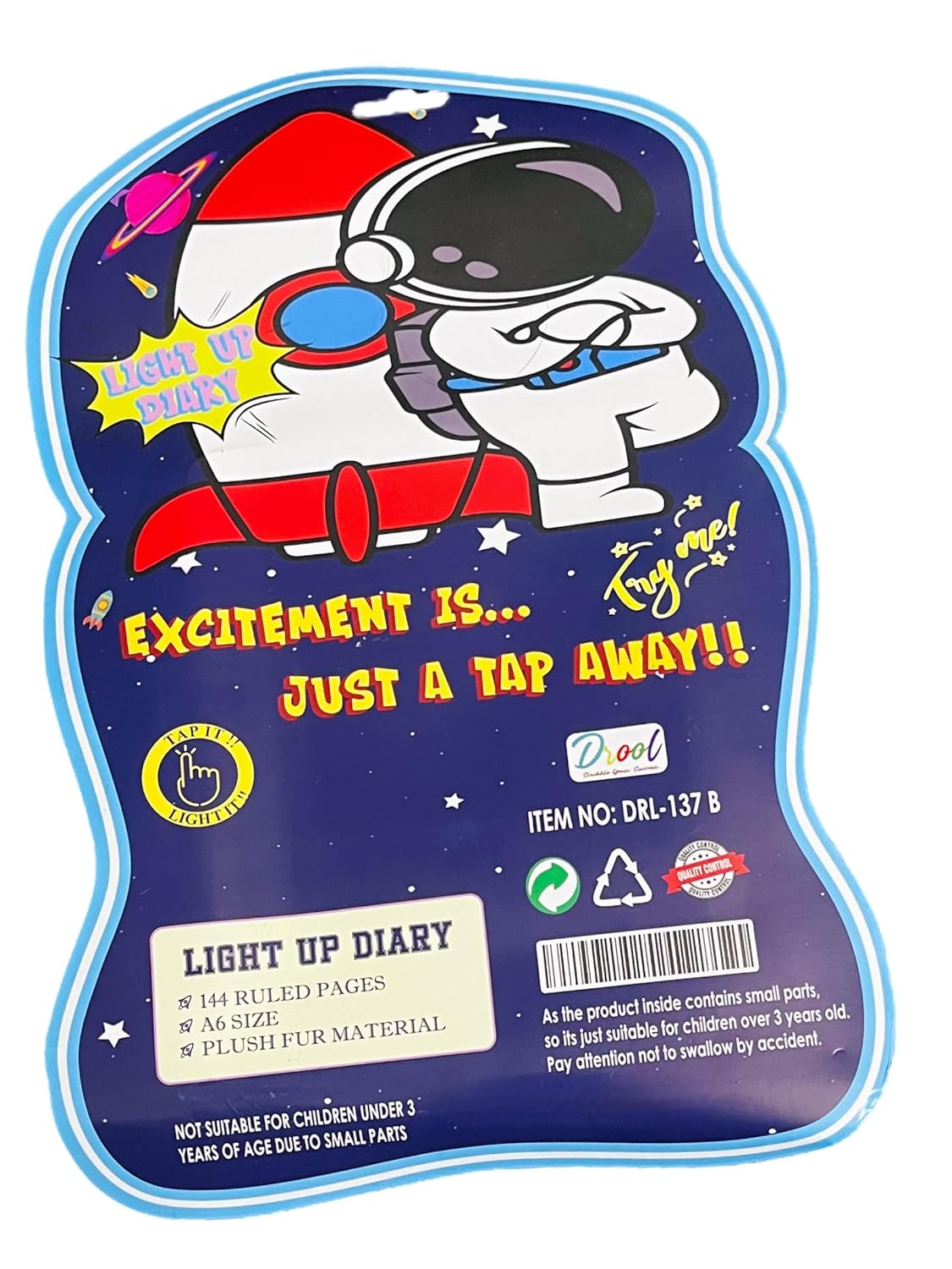 Space Fur Diary For Boys Kids/Astronaut Theme Space Plush Fur Diary Tap It up Led light diary With Pen, beat party return gift for kids