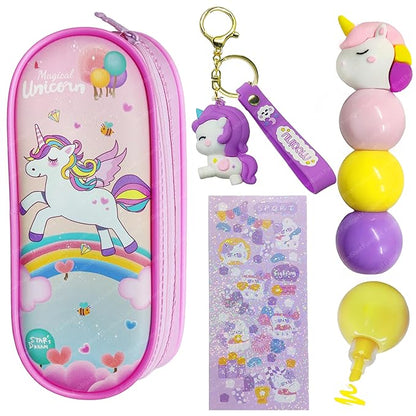 Unicorn Pouches, Unicorn Key Chain, Unicorn Highlighters for Girls – Kawaii Stationary Set for Girls, Aesthetic Stationery Items for School & College Students (Pink)