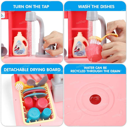 SPOT HUNT Kitchen Toy Sink Electronic Dishwasher Pretend Role Play Kitchen Toys Set with Working Faucet and Dishes Playset for Girls