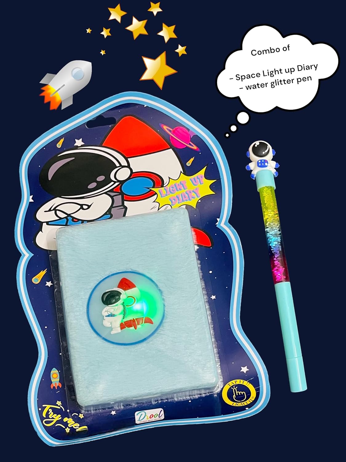Space Fur Diary For Boys Kids/Astronaut Theme Space Plush Fur Diary Tap It up Led light diary With Pen, beat party return gift for kids