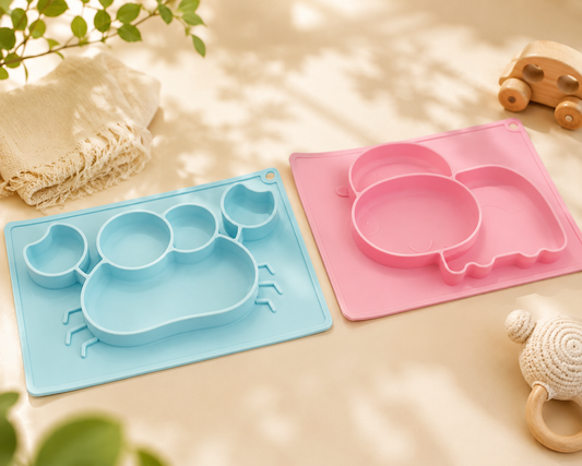 Silicone Baby Feeding Mat with Divided Plate | BPA Free Baby Placemat | Baby-Led Weaning Plate | Pink Sky Blue